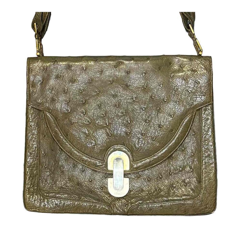 Finesse La Model 1960s Moss Green Ostrich Leather Shoulder Bag Medium - Picture 2 of 8